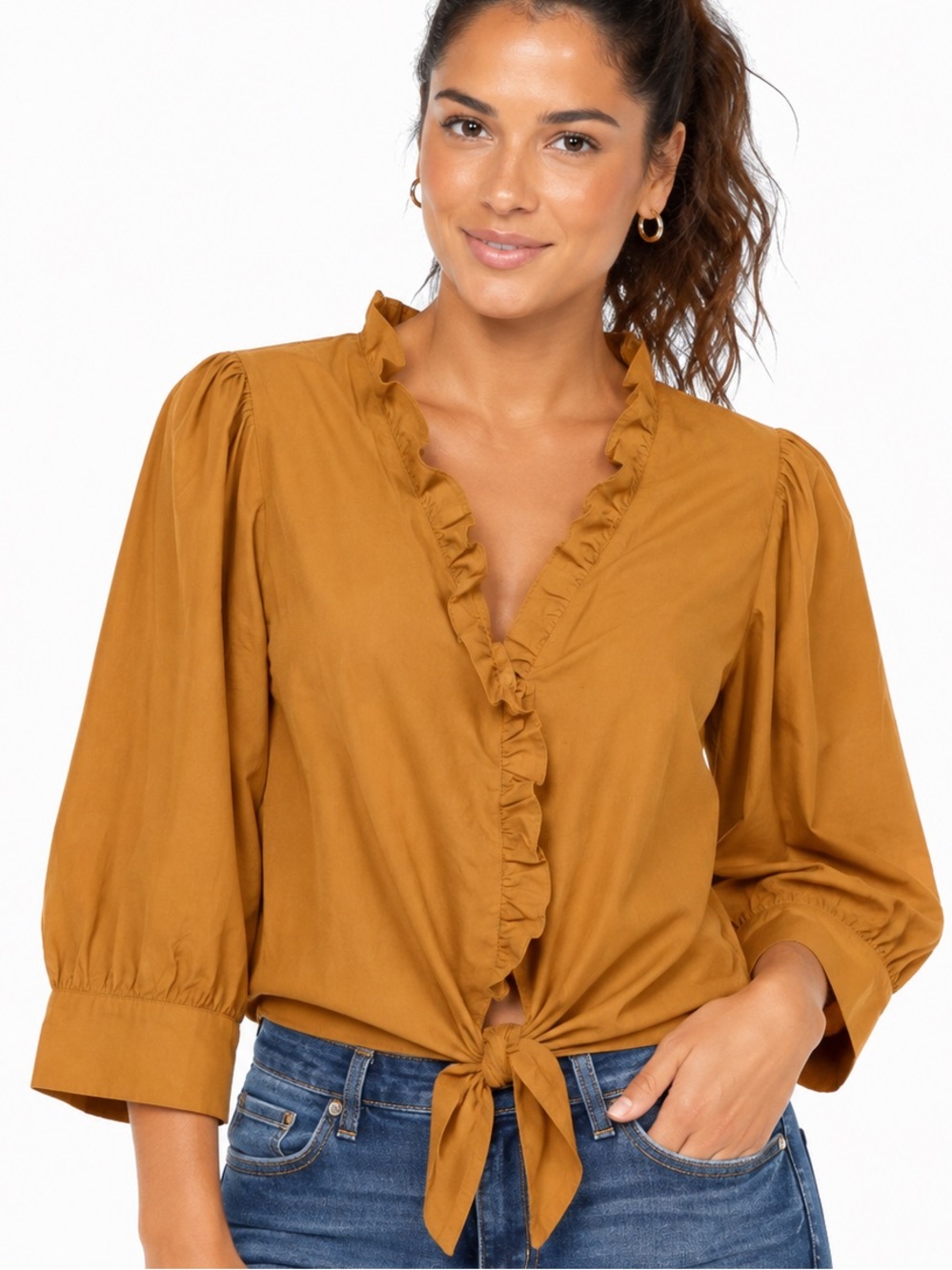 A Loves A Ruffle Puff Sleeve Tie Front Cotton Blouse Large NEW